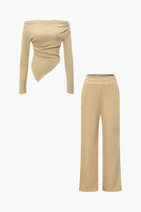 Daniela | Elegantes Zweiteiler-Set mit Asymmetrischem Oberteil & Weiten Hosen – Khaki