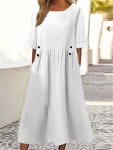 Clara - Midikleid mit Knöpfen in der Taille – Weiß