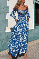 Langes Kleid mit Ethnischer Druck und Off-Shoulder – Bereit für den Urlaub – Blau
