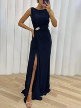 Olive | Plissee Maxi Hochzeitsgastkleid – Marineblau