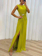 Olive | Plissee Maxi Hochzeitsgastkleid – Gelb