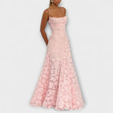 Kairi - Elegantes Maxikleid mit Blumenspitze und Spaghetti-Trägern – Pink