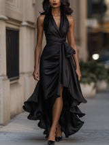 Imesha - Satin Kleid Mit Drapierter Taille – Schwarz