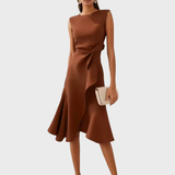 Elfriede | Damen Ärmelloses Midikleid Drapiert Asymmetrisch – Asymm. Midi Drapiert 2026 – Kaffee