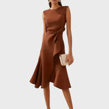 Sheila - Stilvolles Damen-Midikleid mit Rüschendetails – Kaffee