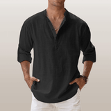 Relaxed Fit – Leinen-Henley für Herren – Schwarz