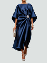 Marijona - Modernes Maxi Kleid Mit Satinkragen Und Flügelärmeln – Marineblau