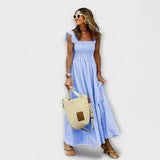 Karierter Maxikleid mit Rüschendetails an den Ärmeln – Blau