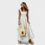 Karierter Maxikleid mit Rüschendetails an den Ärmeln – Beige