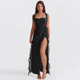 Elegantes One-Shoulder-Abendkleid mit Rüschen und hohem Schlitz – Schwarz