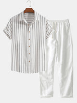 Emmerich-Set mit gestreiftem Kurzarmhemd und Hose mit Kordelzug – Weiß