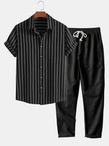 Emmerich-Set mit gestreiftem Kurzarmhemd und Hose mit Kordelzug – Schwarz