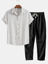Emmerich-Set mit gestreiftem Kurzarmhemd und Hose mit Kordelzug – Weiß und Schwarz