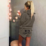 Damen nan kuscheliges zweiteiliges Lounge-Set mit Kapuzenpullover und Shorts mit MEOW-Stickerei Drune – Armeegrün