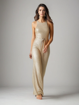 Verführerischer Jumpsuit mit Glitzer, offenen Schultern und Rücken – Beige