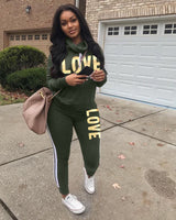 Damen nan sportives Kapuzen-Sweatshirt-Set mit Goldprint und Highwaist-Jogginghose Drune – Olivgrün