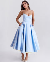 Paula | Duchesse-Satin Midikleid Mit Corsage – Babyblau