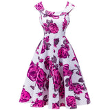 Sabina | Damen Kleid mit Blumendruck und nackten Schultern – Rote Rose
