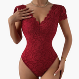 Bodysuit aus Spitze für Frauen - Eleganter V-Ausschnitt – Rot
