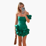 Elegantes Satin-Rüschendress für Frauen - Einseitig Schulterfrei – Grün