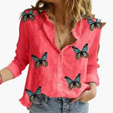 Langarm Damen-Bluse - Vintage Stil mit großen Punkten – Rot mit schwarzen Punkten und Schmetterlingen