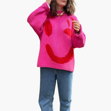 Strickpullover für Damen - mit Oversize-Passform und Smiley-Motiv – Rosa