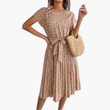 Sommerkleid Damen - Blumenkleid mit Gürtel und Kurzarm – Hellbraun
