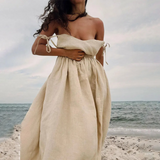 Damenkleid aus Leinen mit Knopfleiste und lockerem Schnitt für den Sommer – Hellbraun