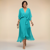 Marta | Damen Chiffonkleid V-Ausschnitt – Fließendes Chiffon Kleid – Marineblau