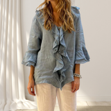 Angela | Leinenbluse mit Rüschen – Blau