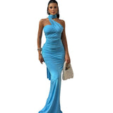 Diana - Drapiertes Maxikleid mit einer Schulterpartie – Blauer See