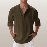 Relaxed Fit – Leinen-Henley für Herren – Dunkelgrün
