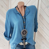Damen nan leichte Crinkle-Tunika mit halber Knopfleiste, Brusttasche und aufrollbaren Ärmeln Drune – Blau