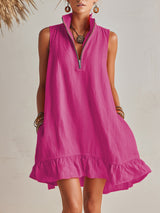 Helles Orange Leinen Halb-Reißverschluss Mini-Kleid mit Rüschensaum und Stehkragen – Magenta