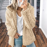 Damen nan kuschelige Teddy-Fleece Übergangsjacke mit Kapuze und Reißverschluss Drune – Khaki