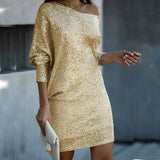 Merlyn - Kleid mit Ärmeln aus Log und Pailletten – Gold