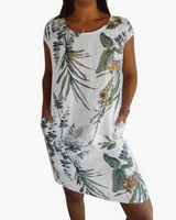 Damen T-Shirt Kleid | Lockeres Sommerkleid mit Print – Weiß und grün