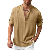 Herren Langarm Shirt mit V-Ausschnitt | Lockeres Freizeithemd mit Knöpfen – Khaki