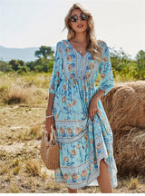 Boho Maxikleid – V-Ausschnitt, 3/4 Ärmel, Blumenmuster – Blau