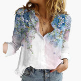 Kunstvoll bedruckte V-Ausschnitt Bluse - Damen Freizeitlook – Dunkelblau
