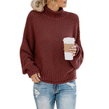 Damen nan Oversize Strickpullover mit Rollkragen, grobem Strukturstrick und Ballonärmeln Drune – Dunkles Weinrot