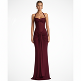 Céline | Damen Neckholder Maxikleid Raffung Hochzeitsgast – Halter Maxi 2026 – Burgunderrot