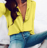 Damen nan seidige V-Bluse mit verdeckter Stoffknopfleiste und legerer Passform Drune – Gelb
