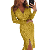 Damen nan glitzerndes Wickel-Midikleid mit V-Ausschnitt langen Ärmeln seitlichem Beinschlitz Drune – Gold