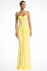 Céline | Damen Neckholder Maxikleid Raffung Hochzeitsgast – Halter Maxi 2026 – Gelb