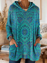 Vintage-inspirierte Kapuzenstrick-Tunika mit Taschen und ethnischem Druck – Blau