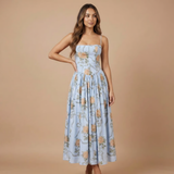Stephanie - Floral Print Corset Bodice Gathered Midi Dress – Blau