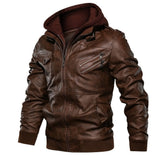 Herren Lederjacke mit abnehmbarer Kapuze und Taschen – Dunkelbraun