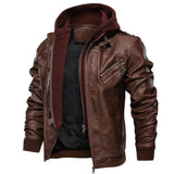 Herren Lederjacke mit abnehmbarer Kapuze und Taschen – Braun
