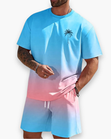 Herren Sommer Set mit Farbverlauf | T-Shirt & Shorts im Lässigen Strandlook – Hellblau zu Rosa